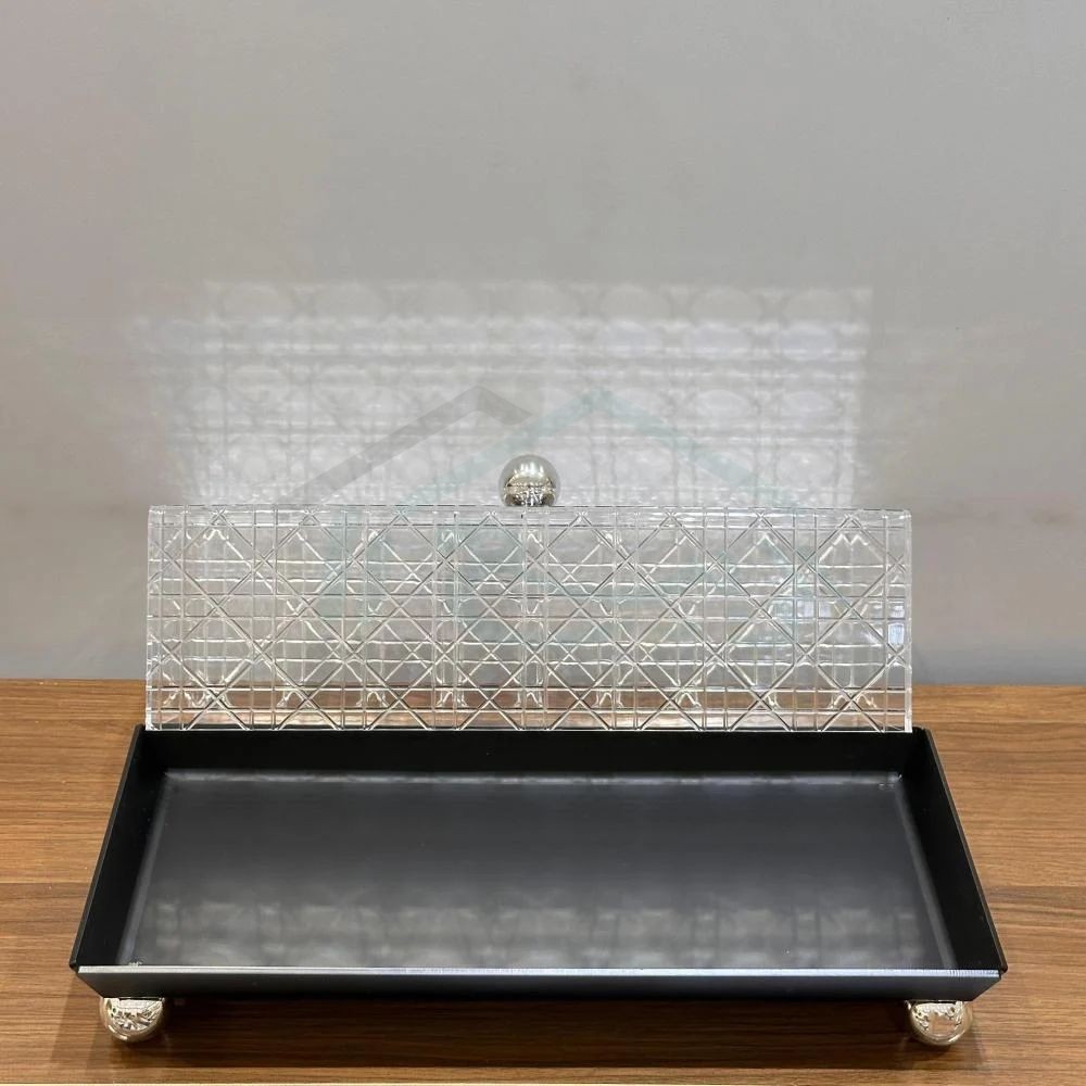 Cake and dessert serving tray with rectangular decorative acrylic cover
