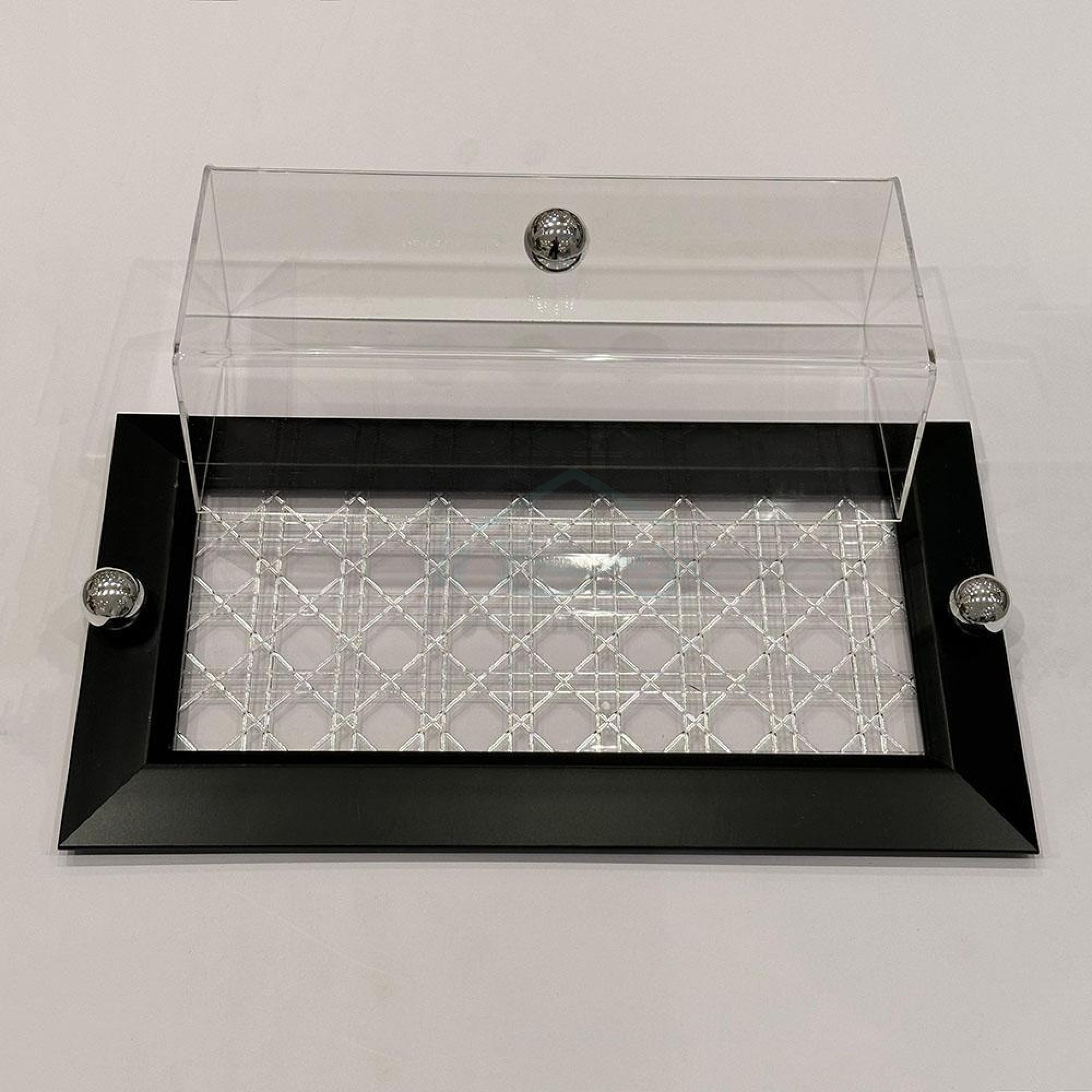 Cake and dessert serving tray with rectangular decorative acrylic cover