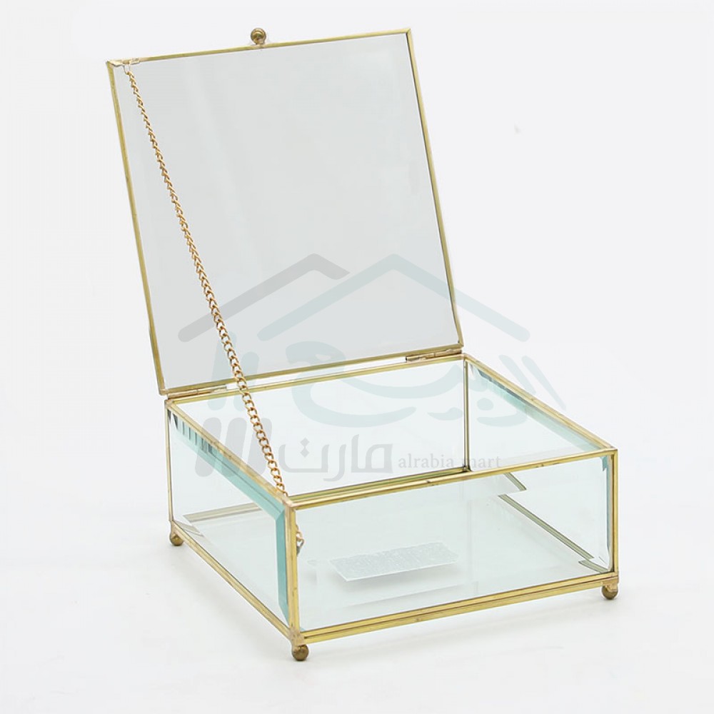 صندوق مجوهرات زجاج هيكل معدن ذهبي مربع مقاس 22*22سم رقم 81240