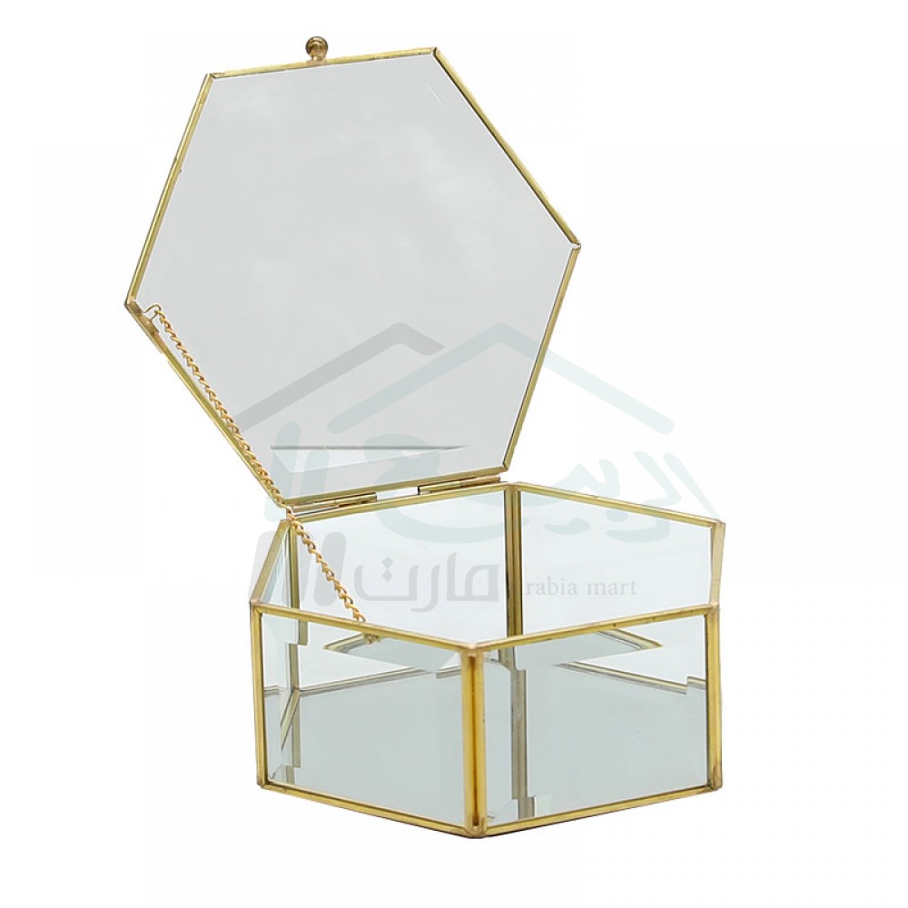 صندوق مجوهرات زجاج هيكل معدن ذهبي سداسي رقم 81235