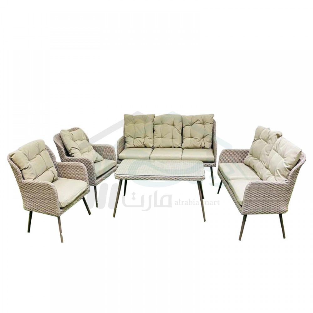 Outdoor Seating Set For 7 Persons Plastic Beige Wicker Design No. N1906