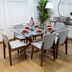 A set of dining tables with a wood base and a rectangular glass top, 1 + 6, No. X074902