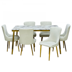  طاولة طعام رخام + 6 كراسي قماش جلد.: SDT-01/GOLD-6