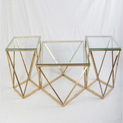  Gold Steel Sofa Table Set Clear Glass Top 1+2 A303G