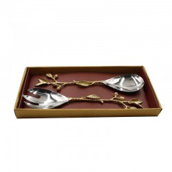  Indian Silver Golden Cake Fork + Spoon Set Tree Branch Hand SM20 Leaf-3052