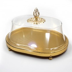  Gold Astel Oval Cake Dish With Transparent Lid And Golden Decorated Nugget -MSJ-6508