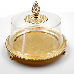  Gold Steel Round Cake Dish With Transparent Acrylic Lid And Gold Decorative Crown -MSJ-6175
