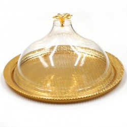  Gold Steel Round Cake Dish With Transparent Acrylic Cover And Rose Gold Crown -MSJ-2947