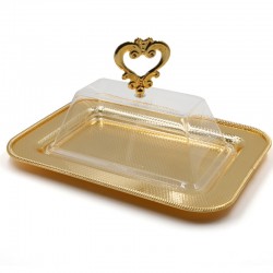  Gold Steel Rectangular Cake Dish With Transparent Acrylic Lid And Gold Crown -MSJ-1341