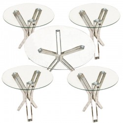   Silver Round Steel Sofa Table Set Clear Glass Top 1+4 FL-1046