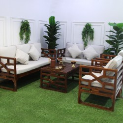 Traditional outdoor seating set of natural wood, gray color